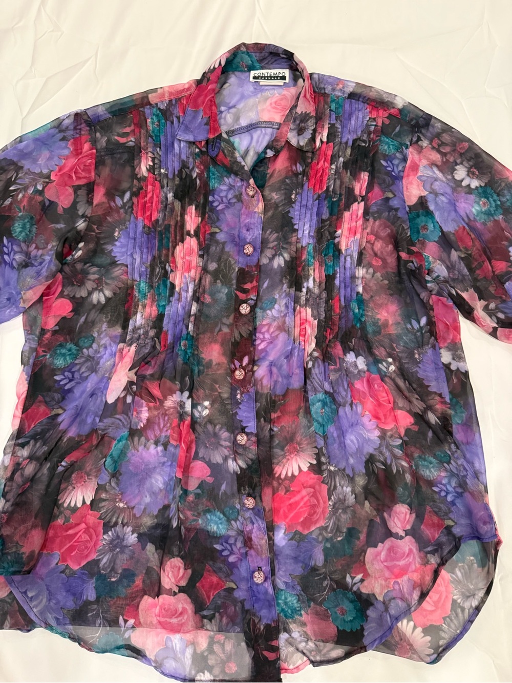 Vintage 90s Contempo Casuals Sheer Floral Pleated Blouse Top Multi Color M